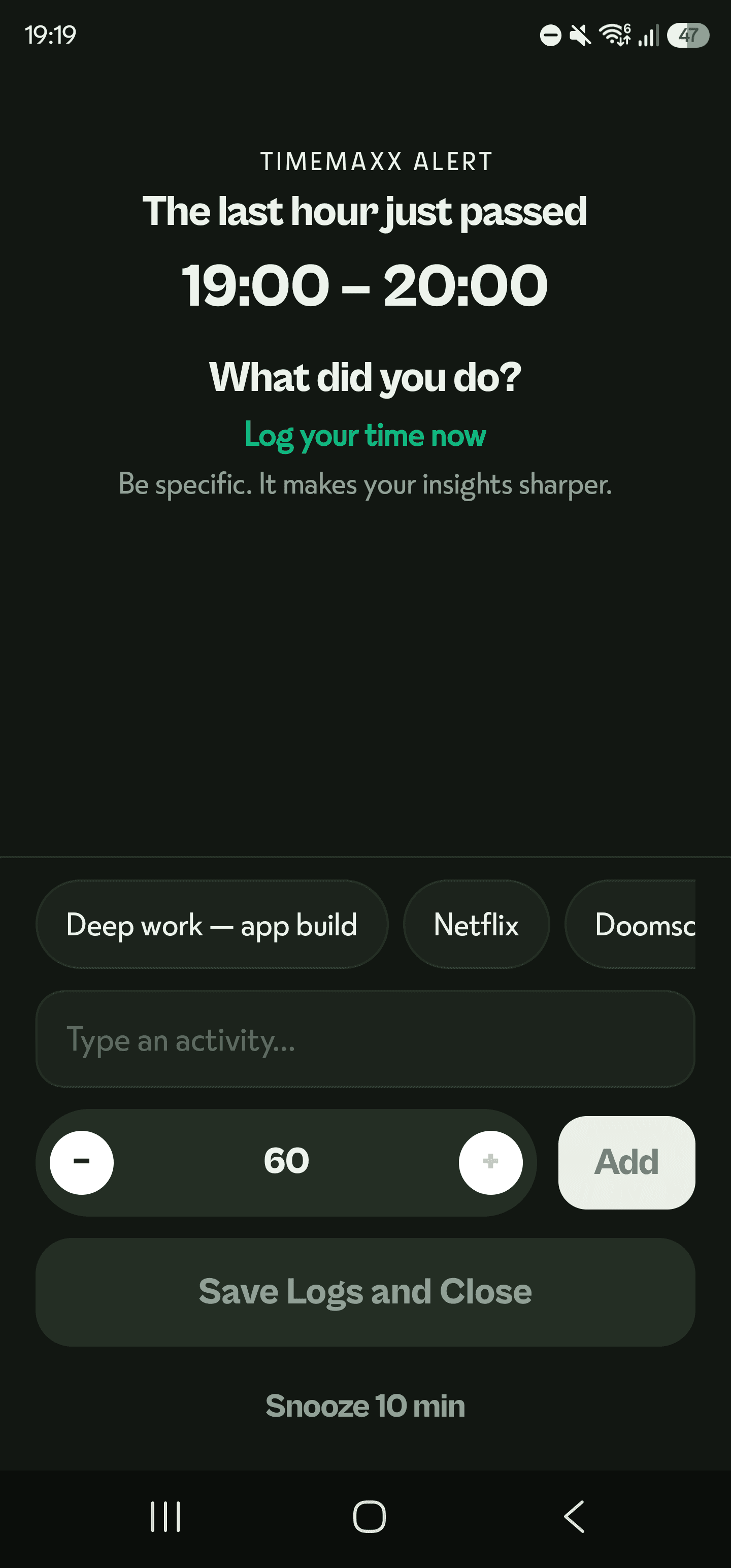 A Timemaxx alert asking what you did in the last interval