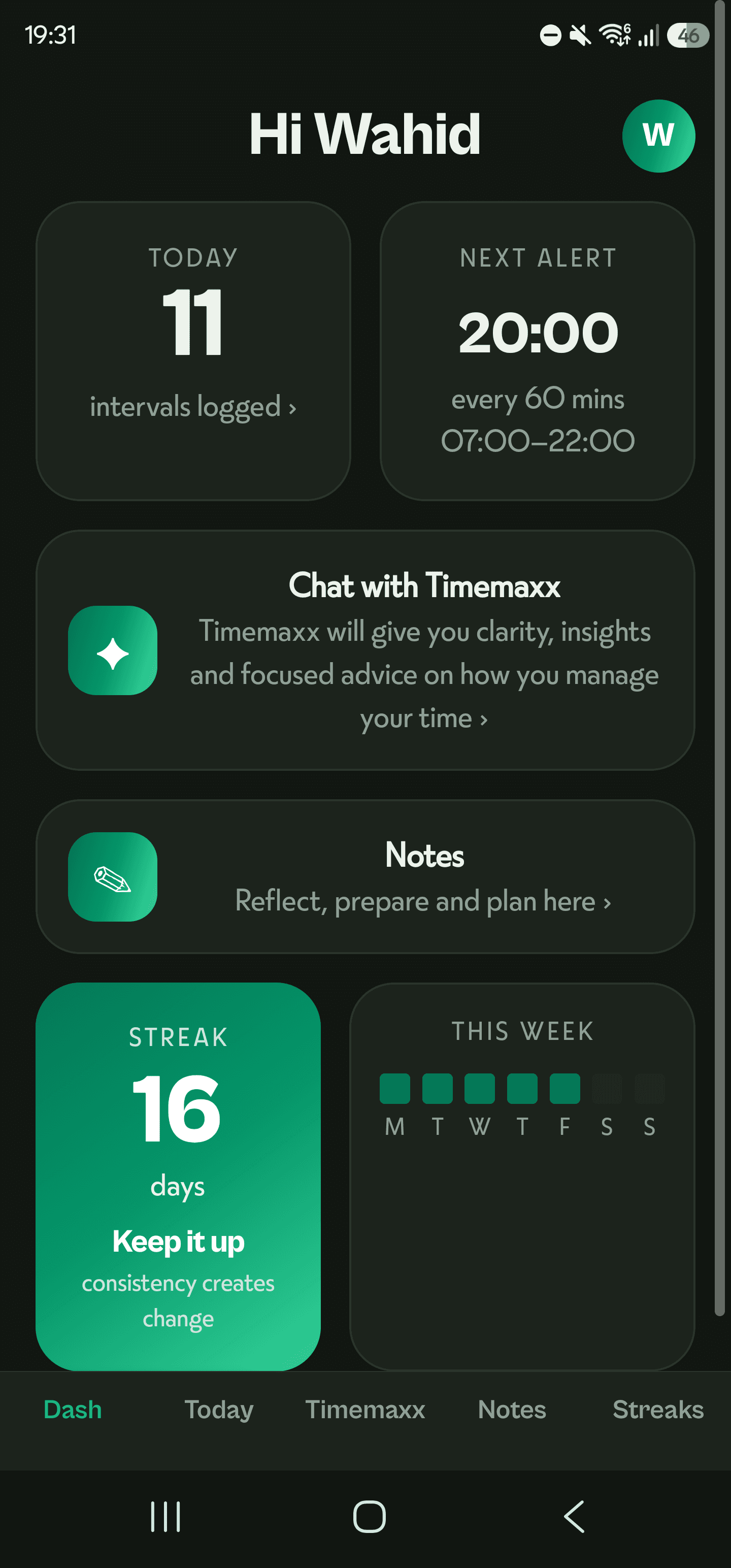 The Timemaxx dashboard: today’s progress, current streak and the week at a glance