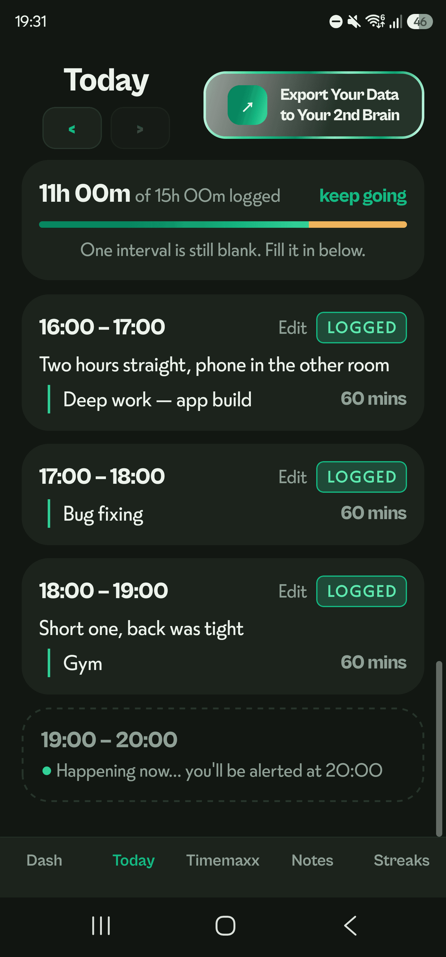 The Timemaxx Today screen: the day’s hours logged interval by interval