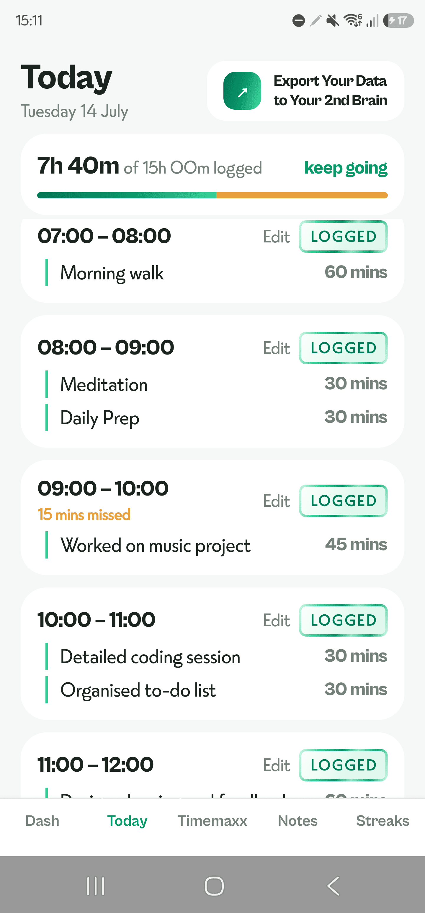 Timemaxx Today screen showing 30-minute interval logs